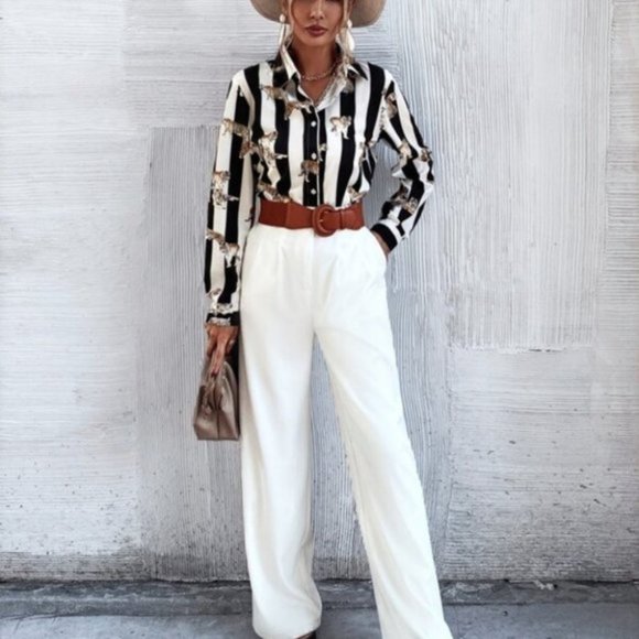 Striped & Tiger Print Button Up Blouse - Picture 7 of 7